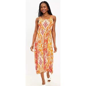 Loft Paisley Tie Waist Midi Dress Sleeveless Calypso Orange, Spring Beachy | L